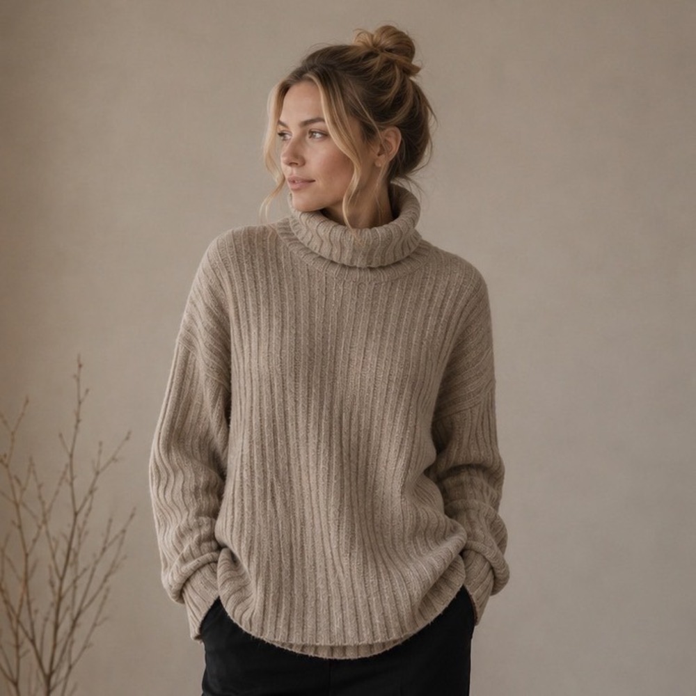 Nili Lotan Nashira Turtleneck Sweater Womens M Stone Beige Ribbed Cashmere Blend